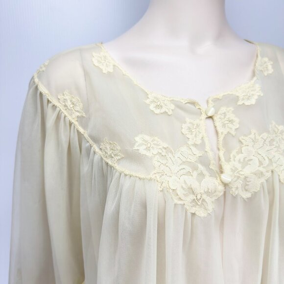 VTG 1960 KAYSER Layered Sheer Butter Yellow Puffed Sleeves Lace Nightgown M - Picture 3 of 11